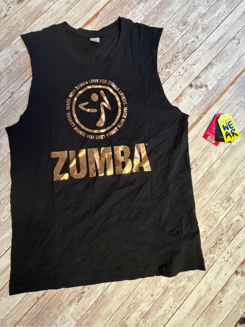 Zumba Fitness Black Muscle Tank with pink Gold Logo